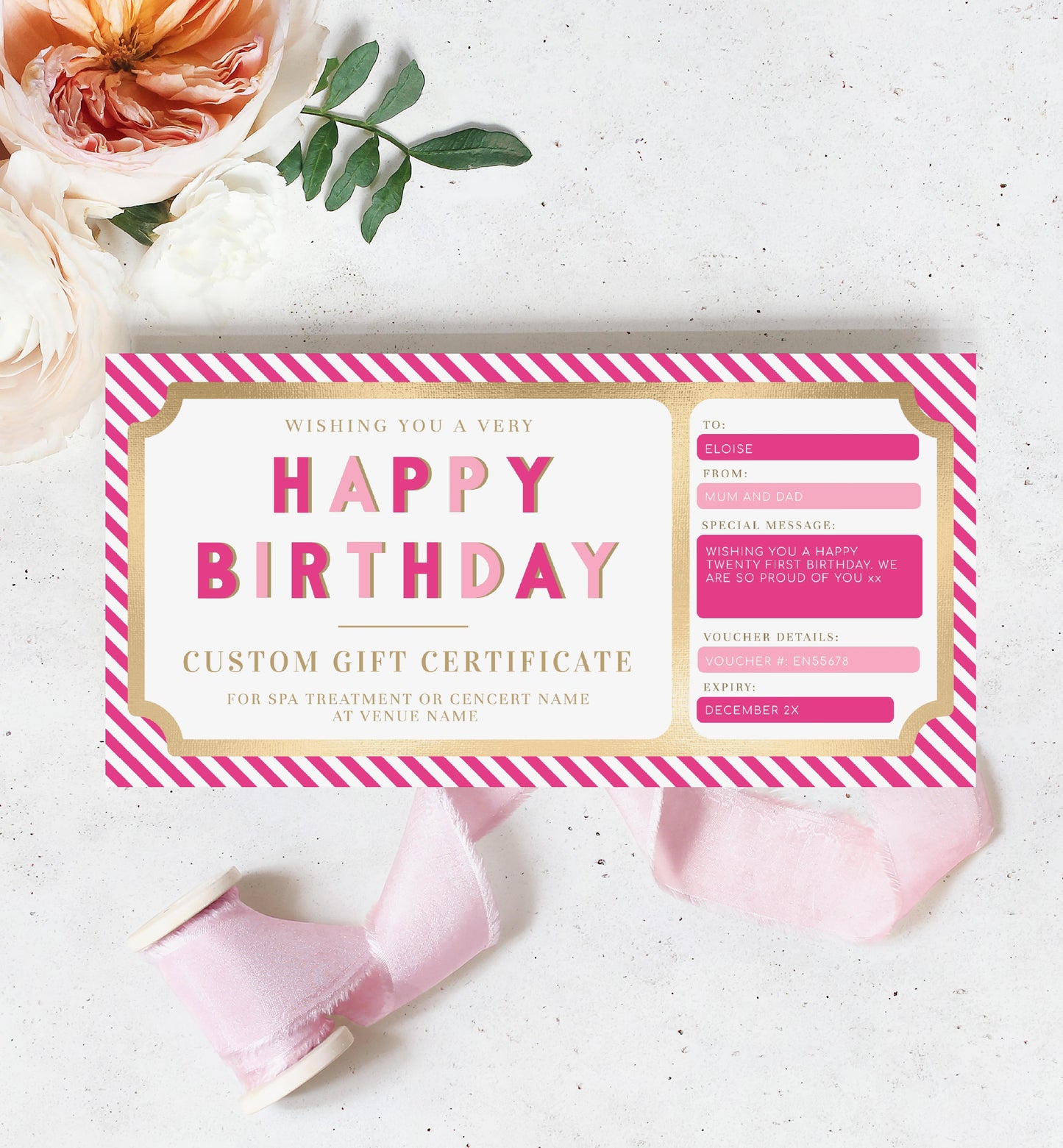 Stripe Hot Pink | Printable Custom Gift Voucher