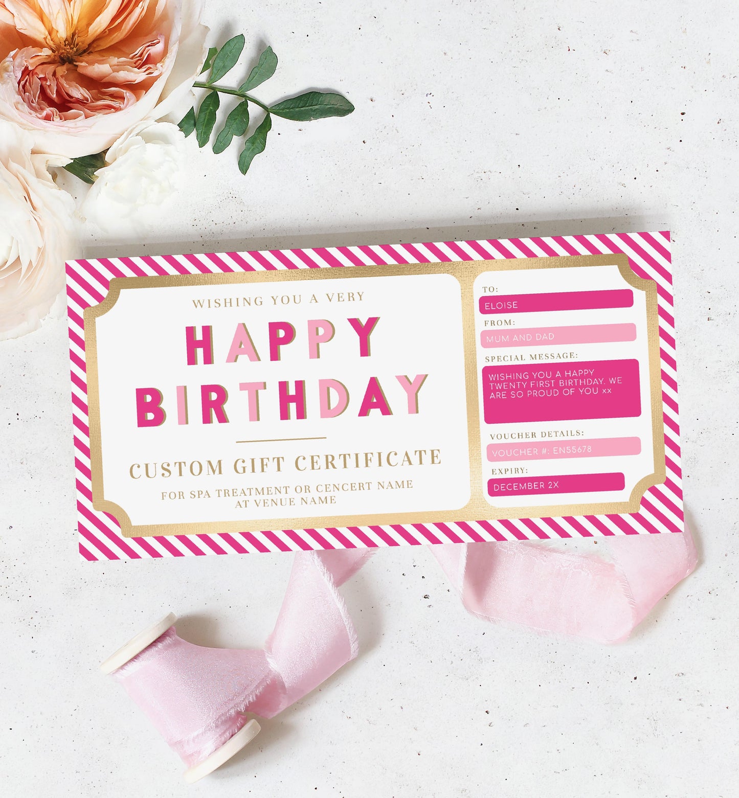 Stripe Hot Pink | Printable Custom Gift Voucher