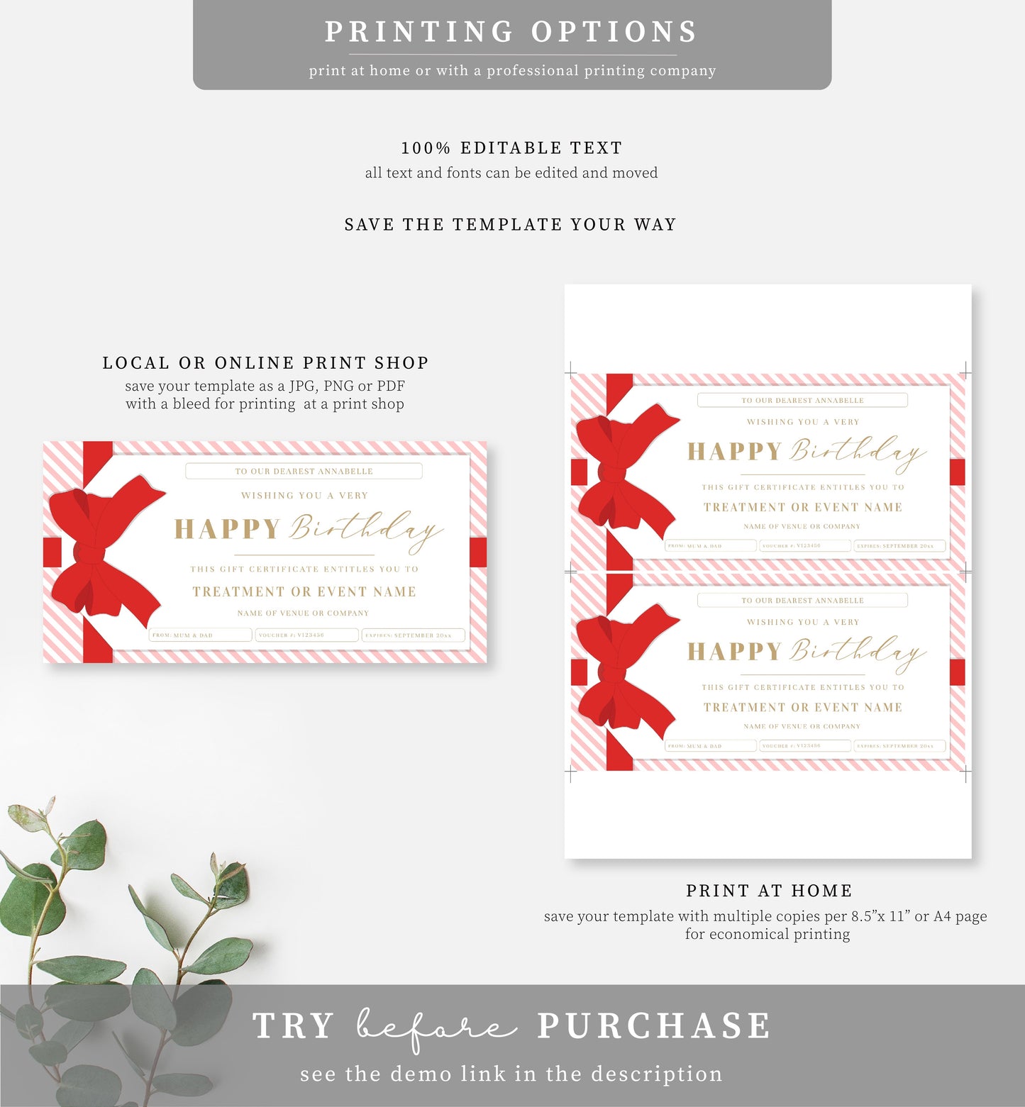 Stripe Pink Red | Printable Birthday Custom Gift Voucher