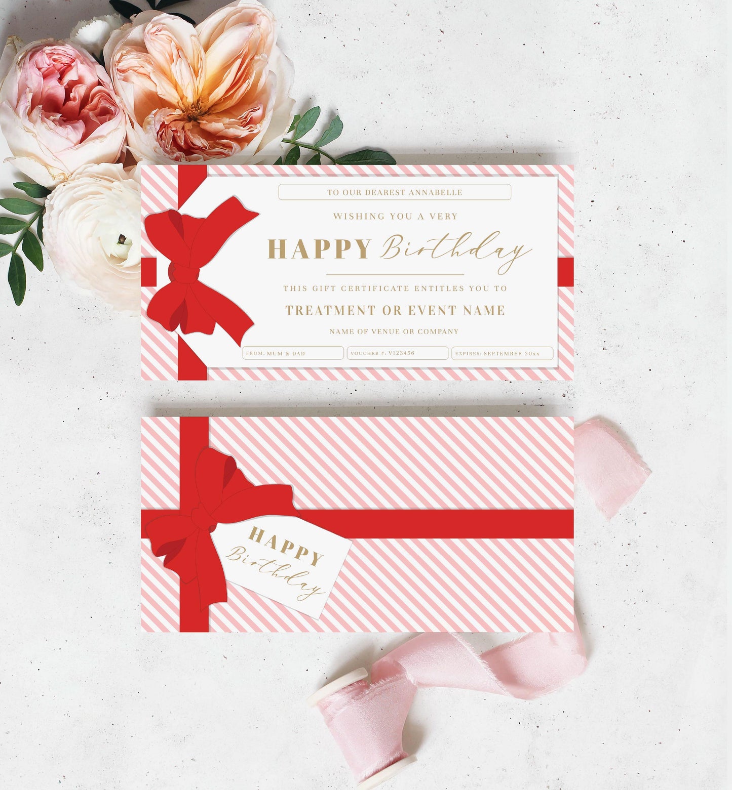 Stripe Pink Red | Printable Birthday Custom Gift Voucher