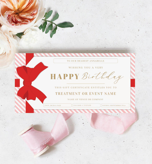 Stripe Pink Red | Printable Birthday Custom Gift Voucher