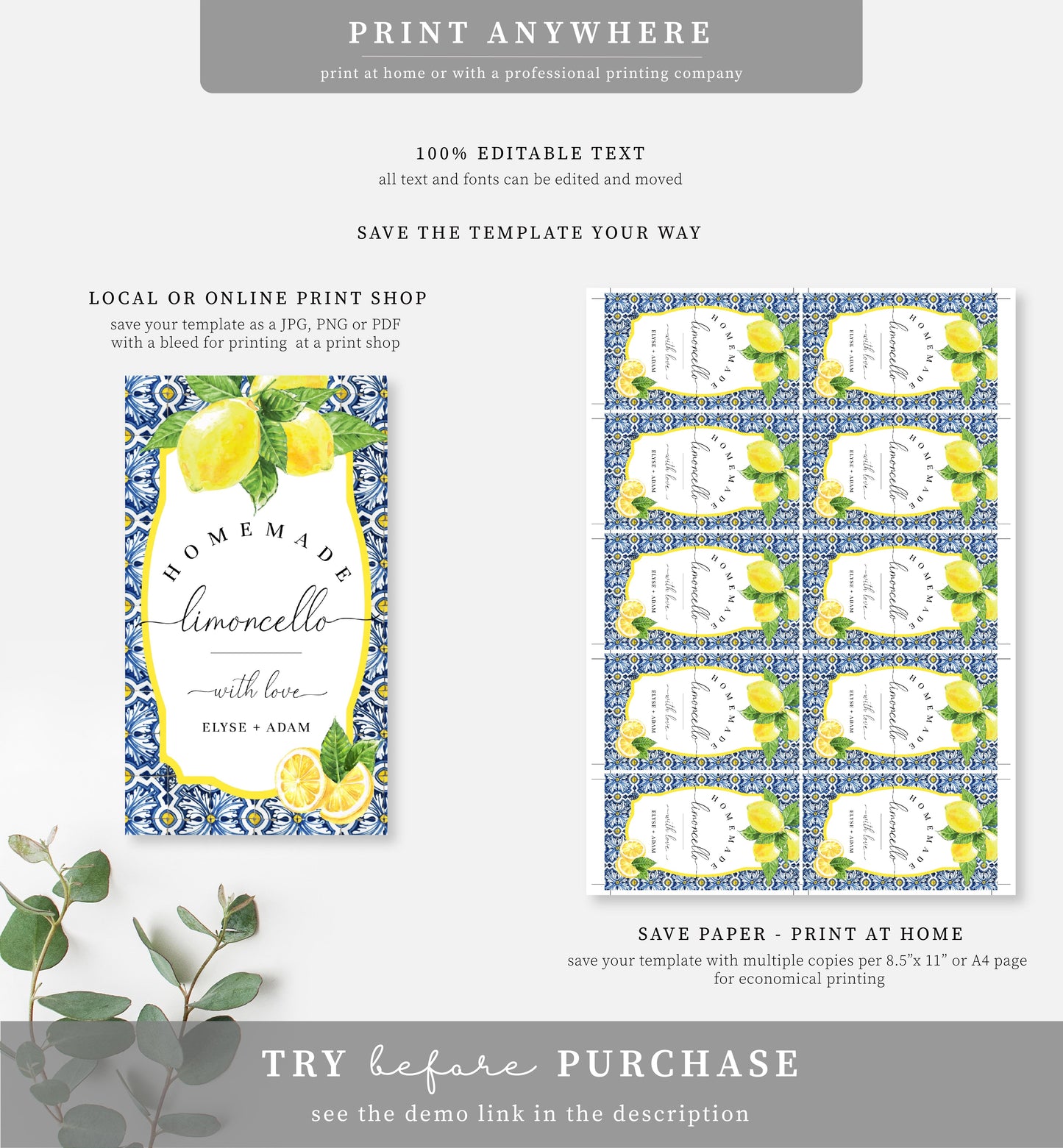 Positano Lemons | Printable Limoncello Favour Tags Template