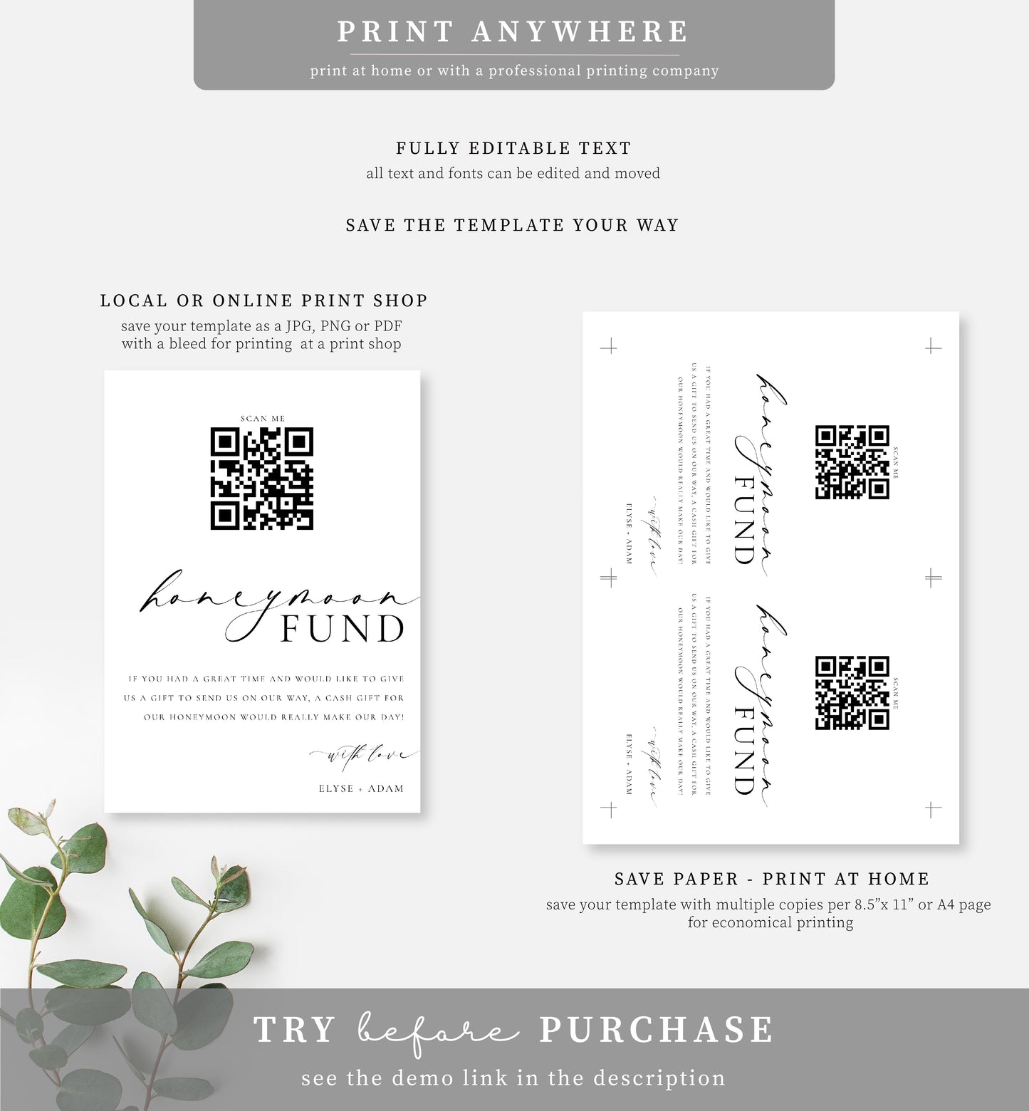 Ellesmere White | Printable QR Honeymoon Fund Sign Template