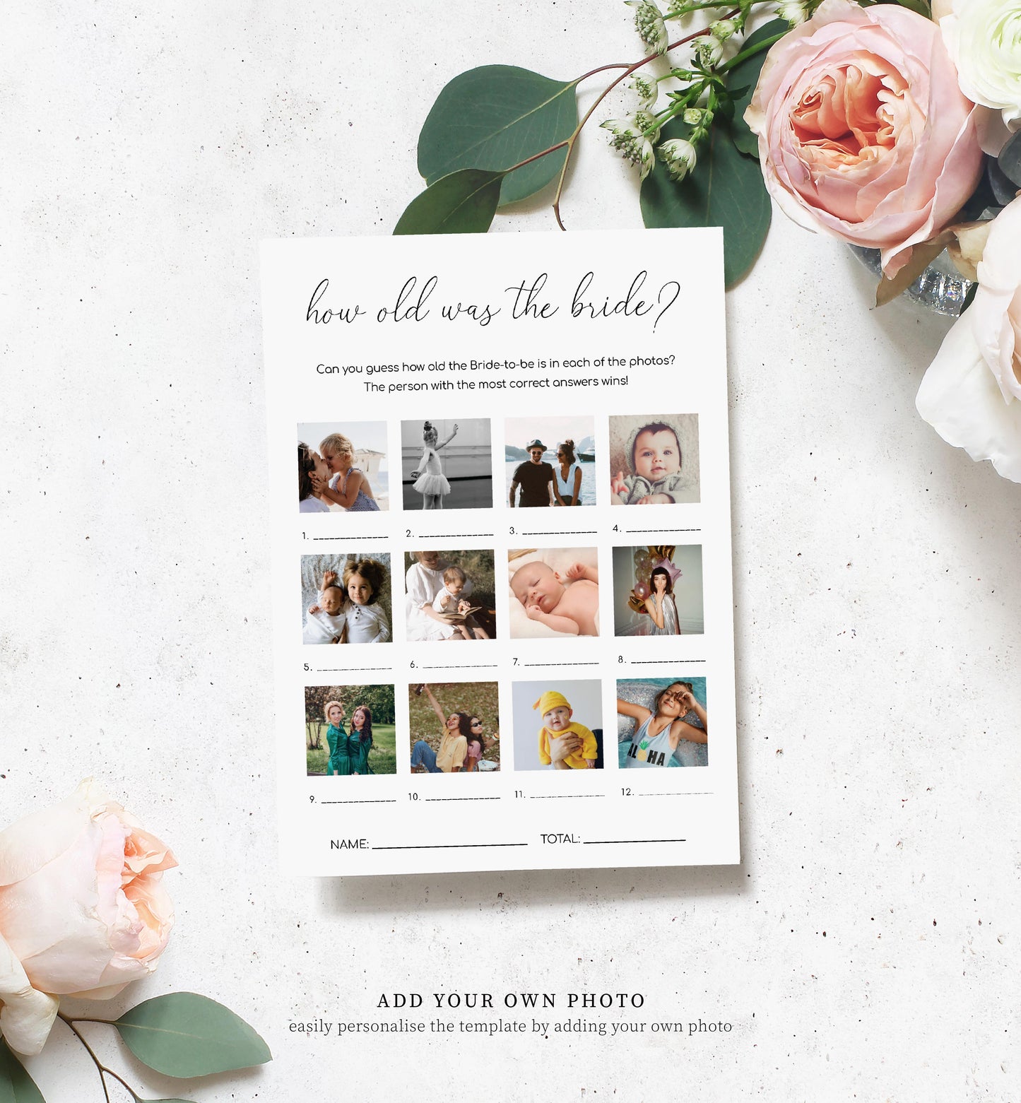 Quinn Script White | Printable How Old Was The Bride Photo Bridal Shower Game