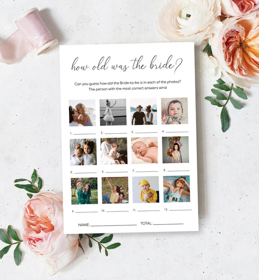 Quinn Script White | Printable How Old Was The Bride Photo Bridal Shower Game