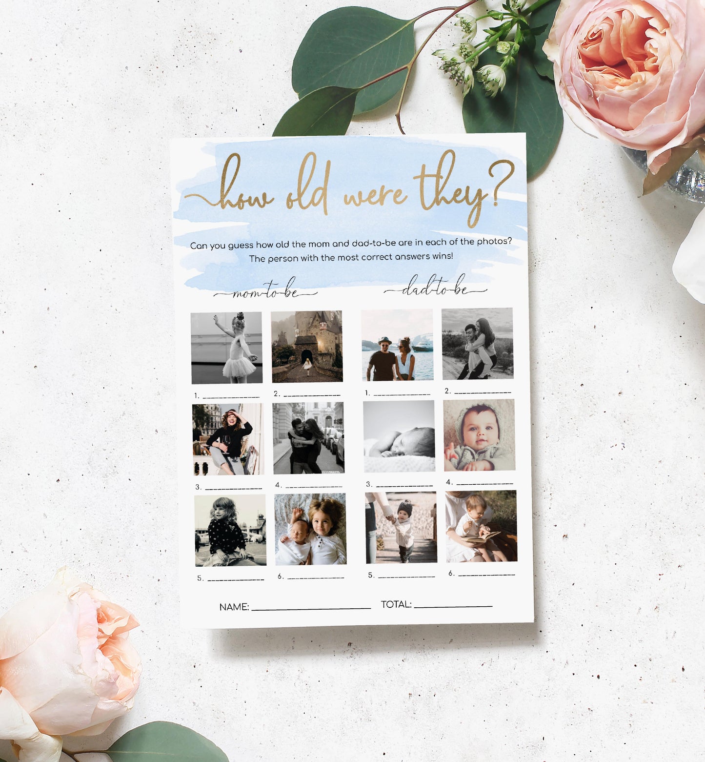 Watercolour Blue | Printable How Old Were They Photo Baby Shower Game Template