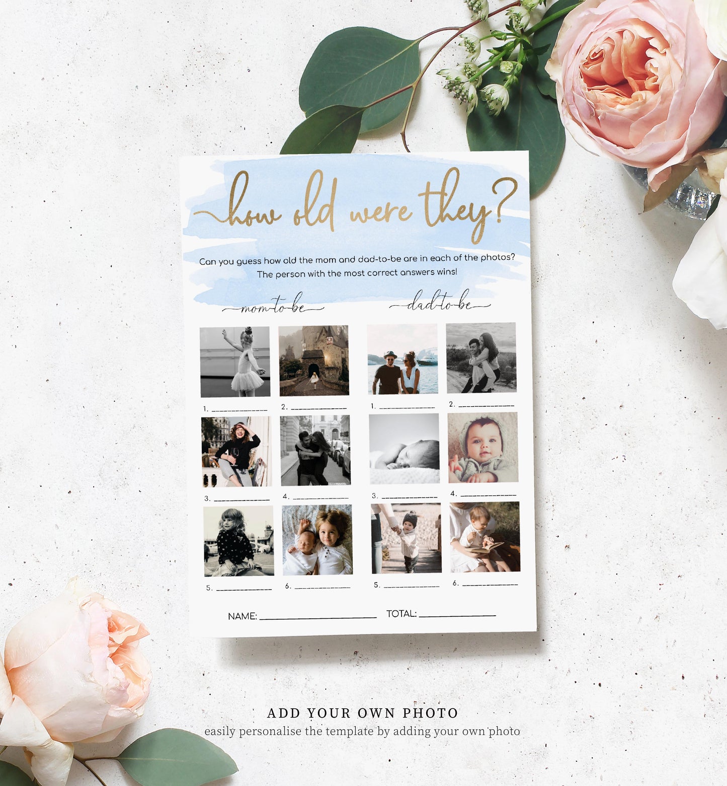 Watercolour Blue | Printable How Old Were They Photo Baby Shower Game Template