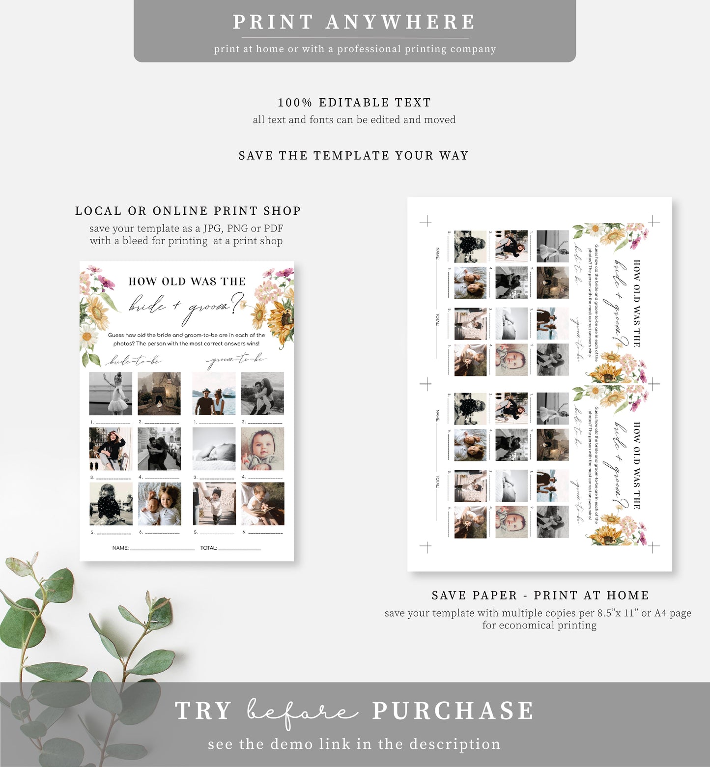 Mews Floral White | Printable How Old Was The Bride Photo Bridal Shower Game Template