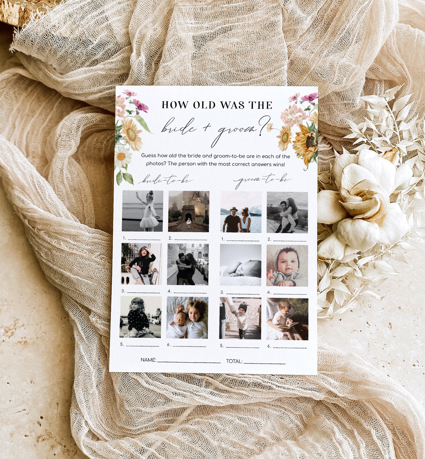 Mews Floral White | Printable How Old Was The Bride Photo Bridal Shower Game Template