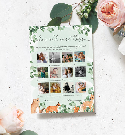 Woodland Animals Green | Printable How Old Were They Baby Photo Shower Game