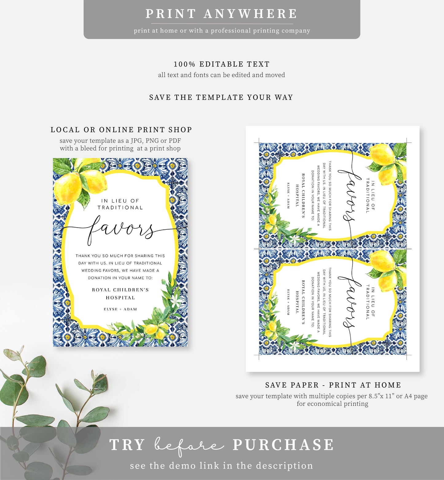 Positano Blue Tile Lemons | Printable In Lieu Of Favours Sign Template