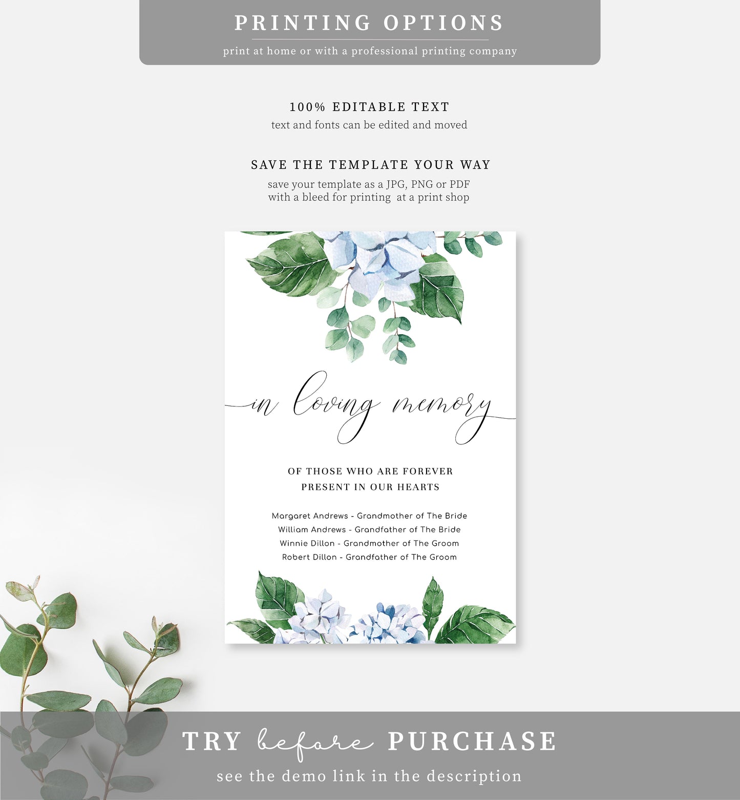 Ferras Blossom Blue | Printable In Loving Memory Sign Template