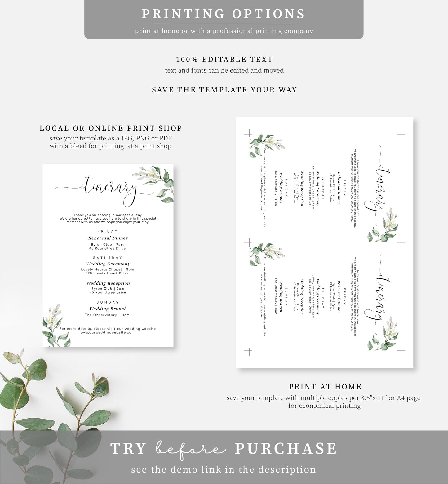 Muted Greenery Green | Printable Itinerary - Black Bow Studio