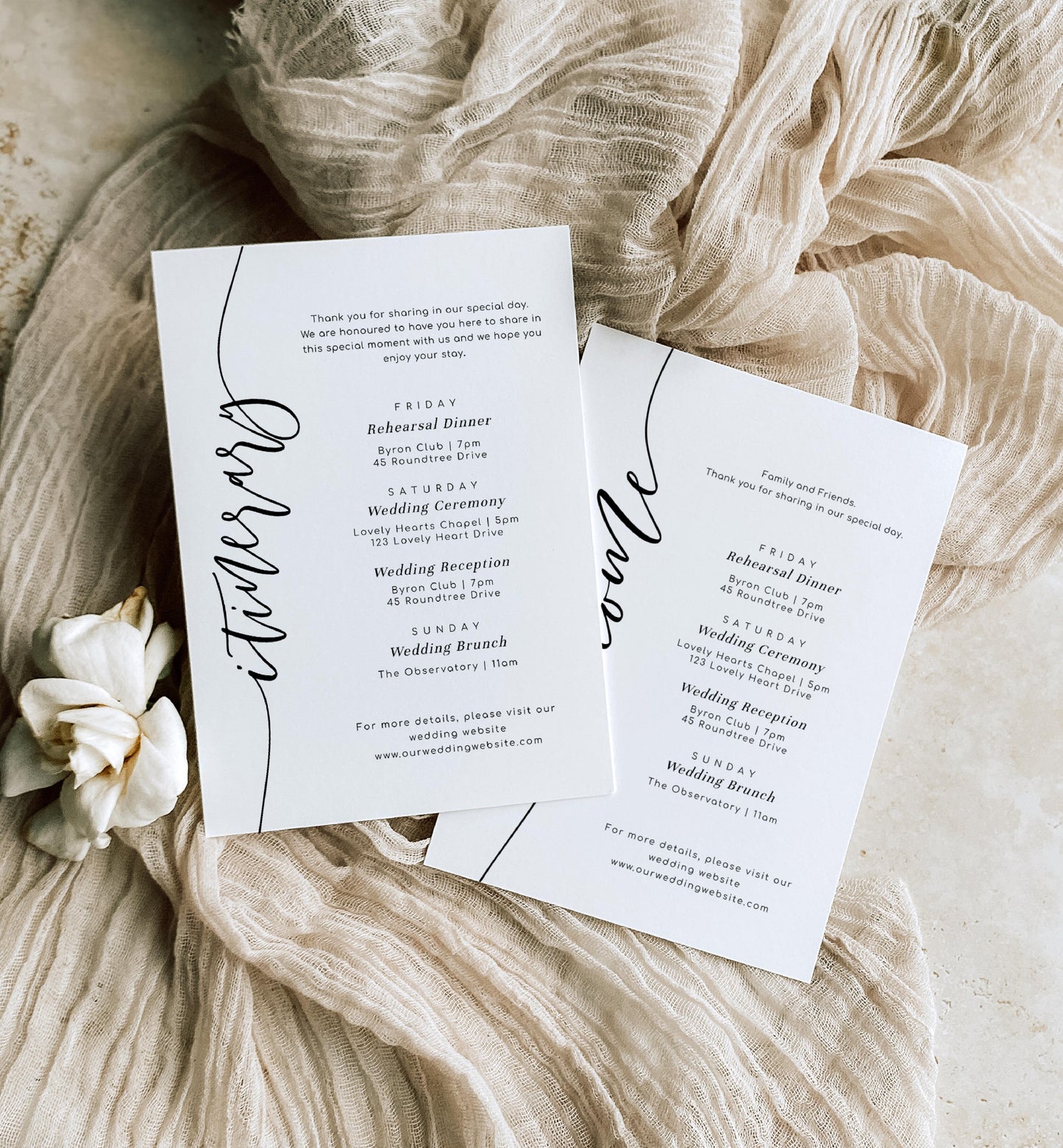 Lucas Script White | Printable Itinerary & Welcome Card Template