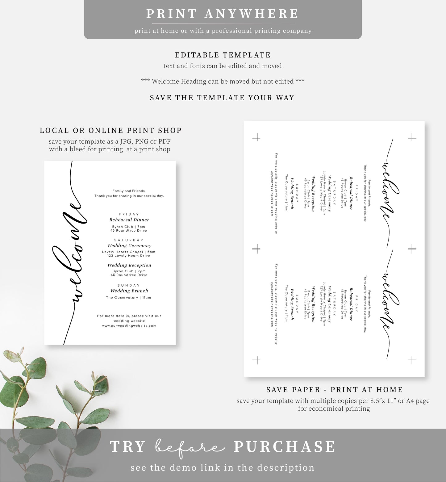 Lucas Script White | Printable Welcome Card and Tag Template