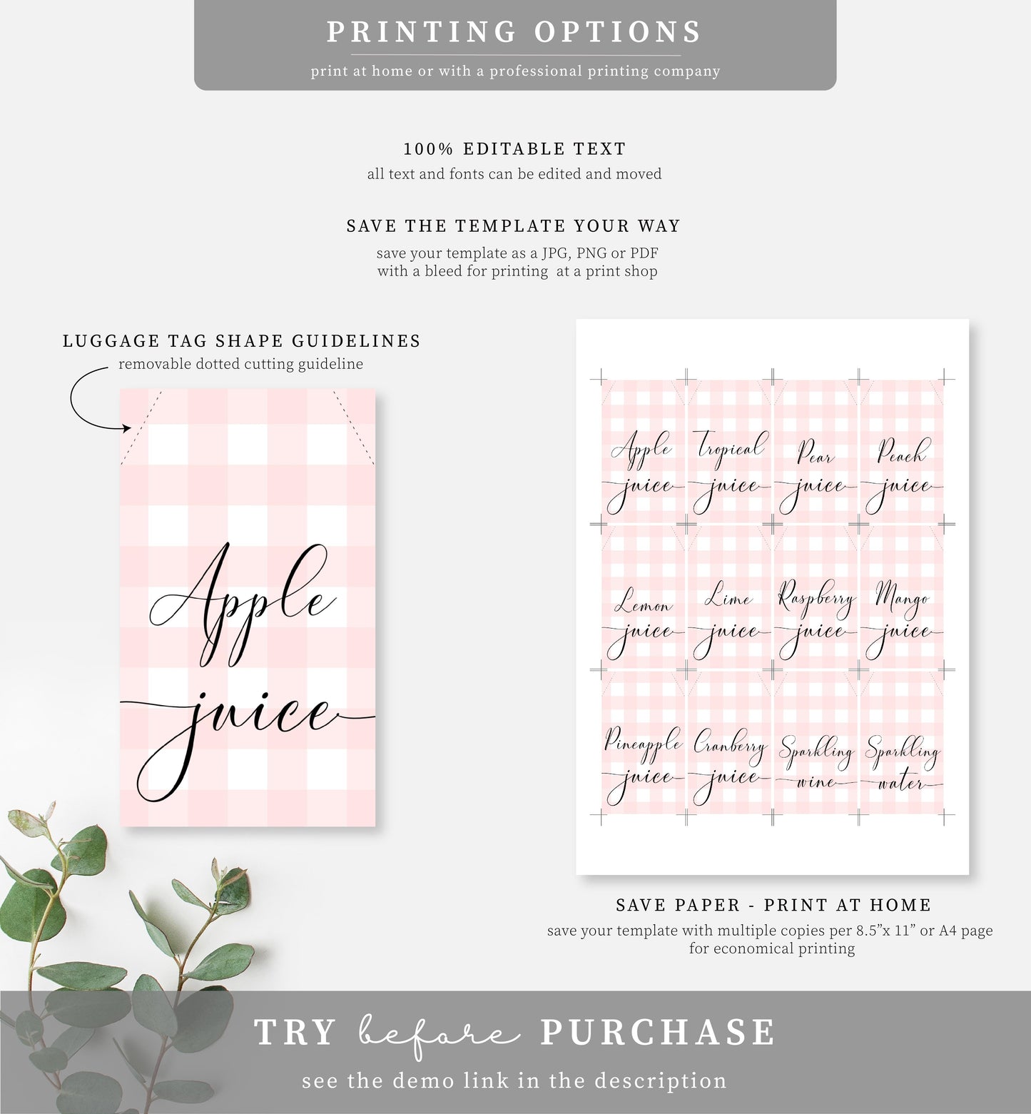 Gingham Pink | Printable Mimosa Bar Sign and Juice Tags