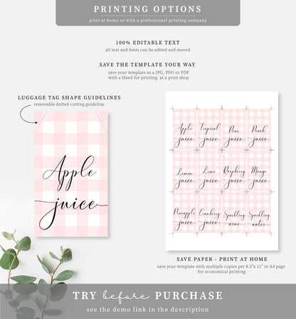 Gingham Pink | Printable Mimosa Bar Sign and Juice Tags
