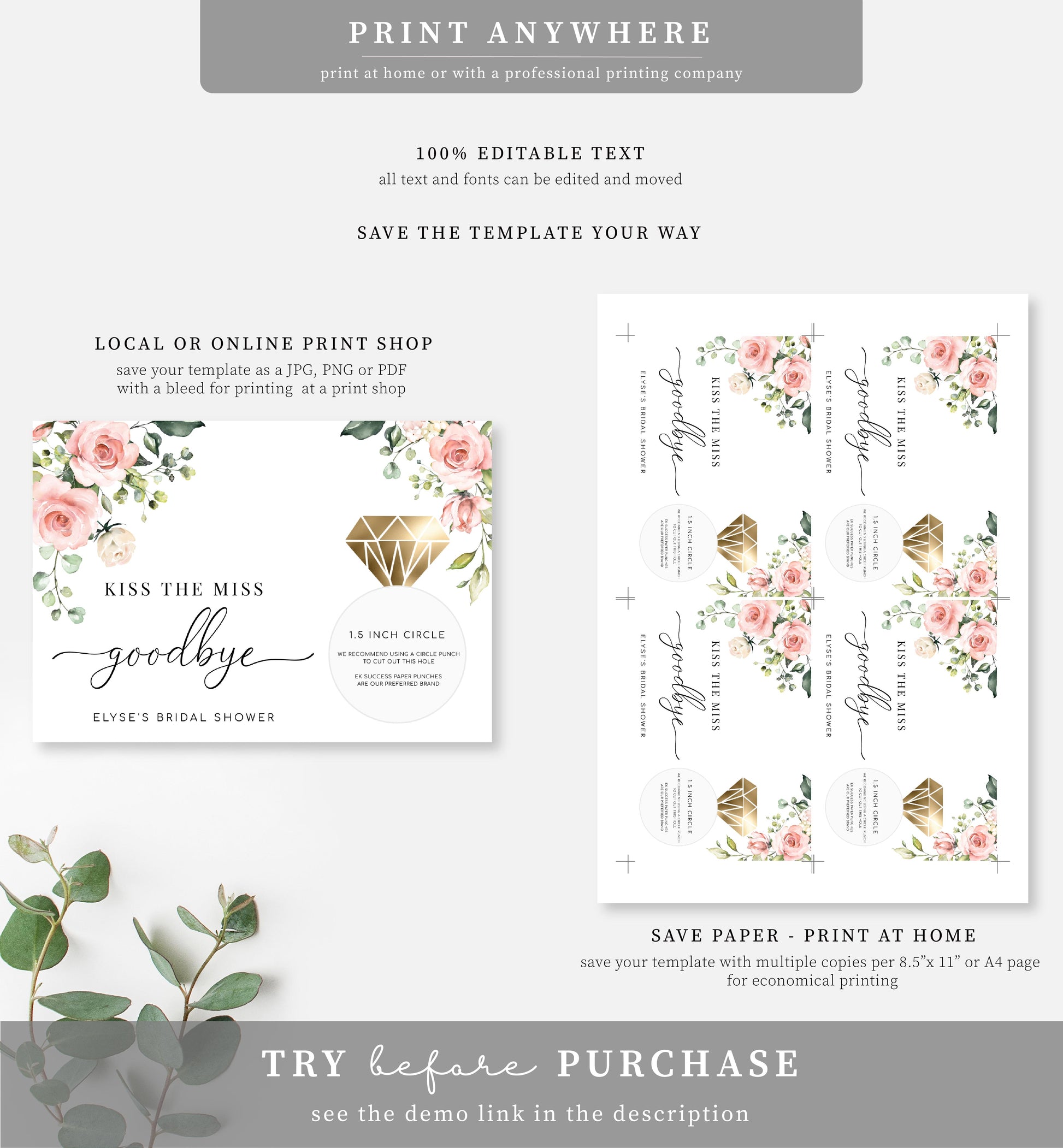 Darcy Floral Pink | Printable Kiss The Miss Favour Card Template - Black Bow Studio
