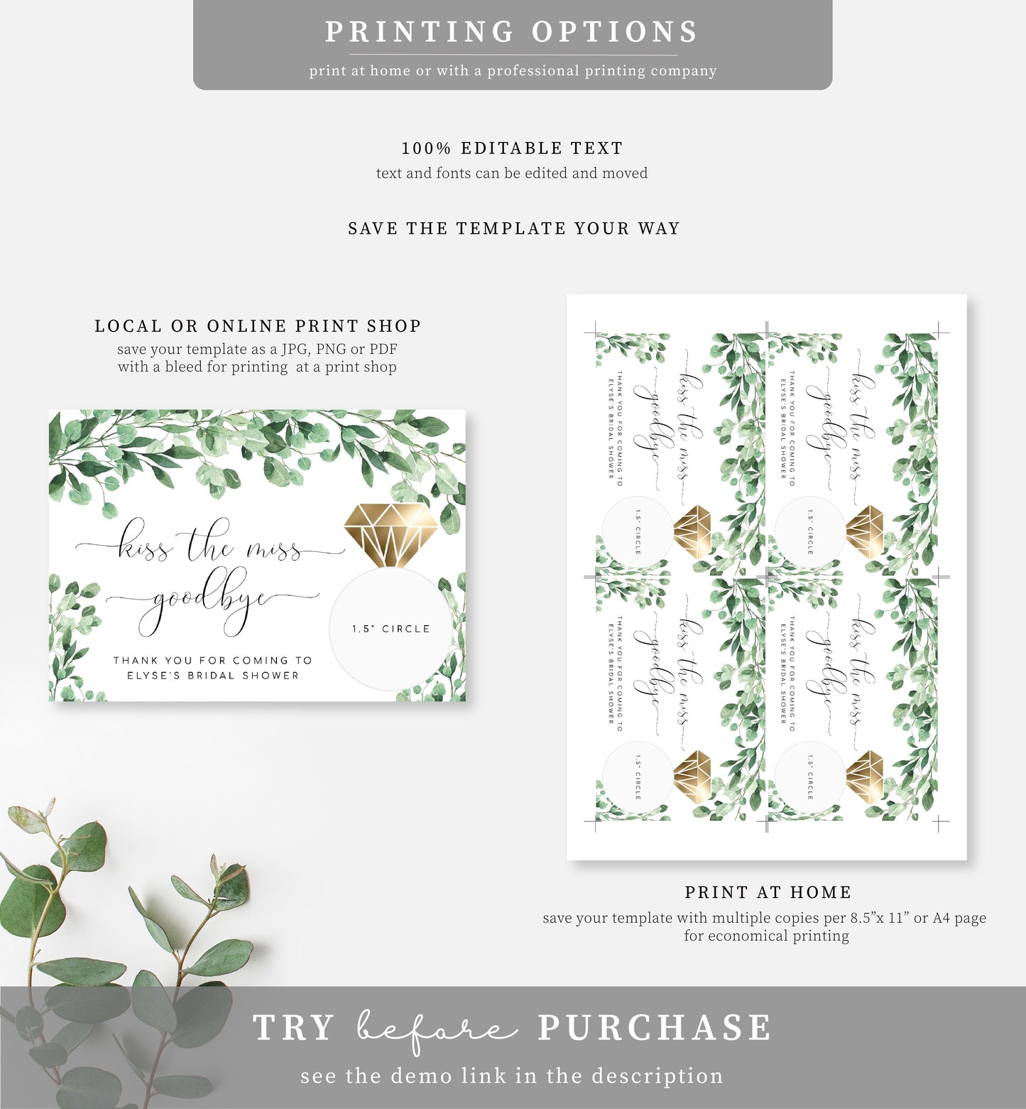 Everly Green | Printable Kiss The Miss Favour Card - Black Bow Studio