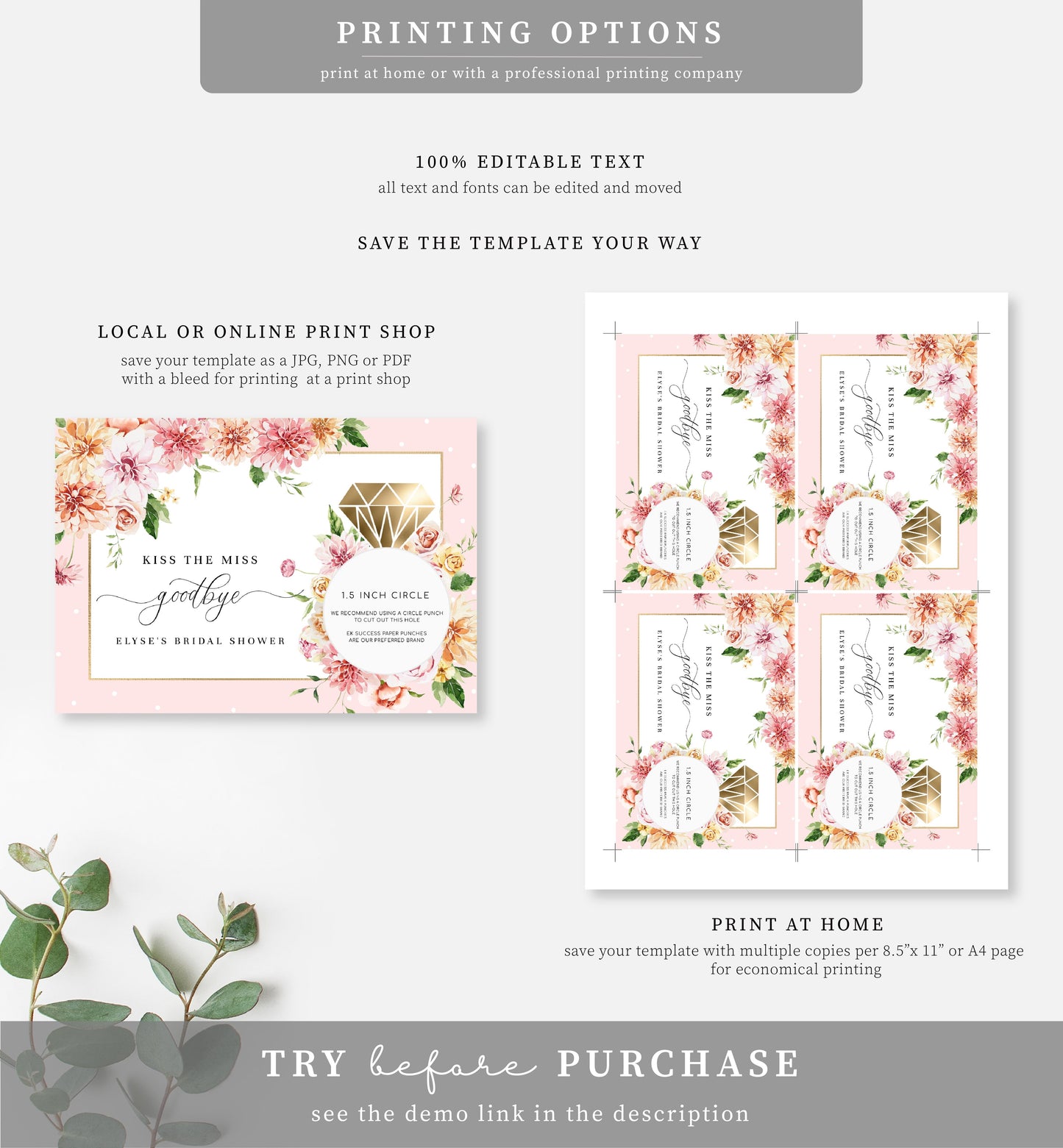 Quinn Floral Pink | Printable Kiss The Miss Favour Card Template