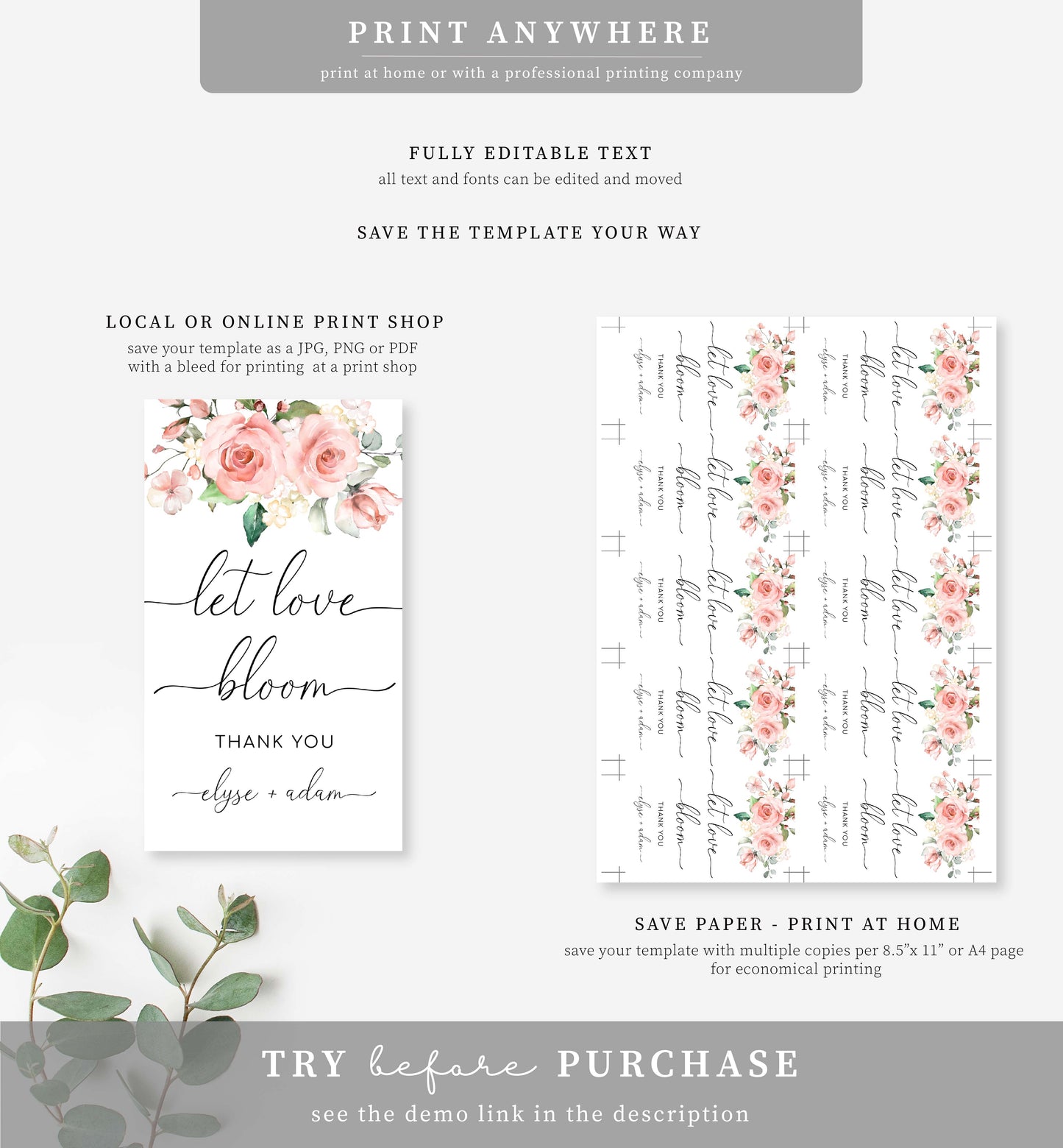 Darcy Floral Pink | Printable Let Love Bloom Favour Tags Template