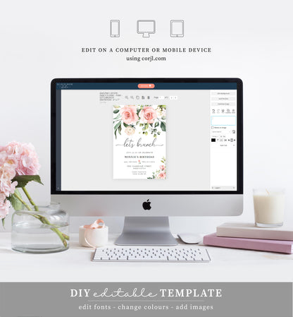 Darcy Floral Pink | Printable Let's Brunch Invitation Template