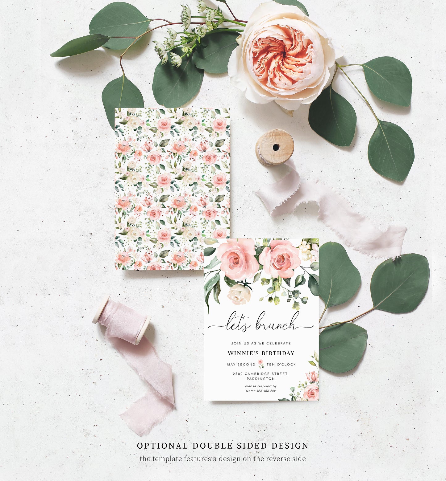 Darcy Floral Pink | Printable Let's Brunch Invitation Template