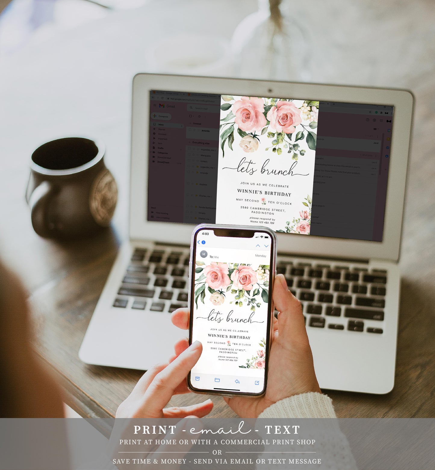 Darcy Floral Pink | Printable Let's Brunch Invitation Template