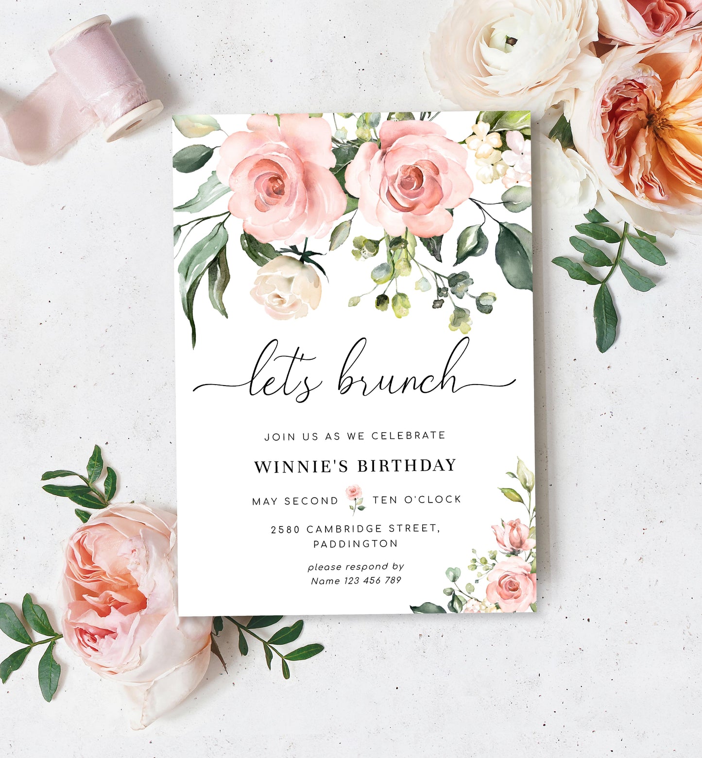 Darcy Floral Pink | Printable Let's Brunch Invitation Template