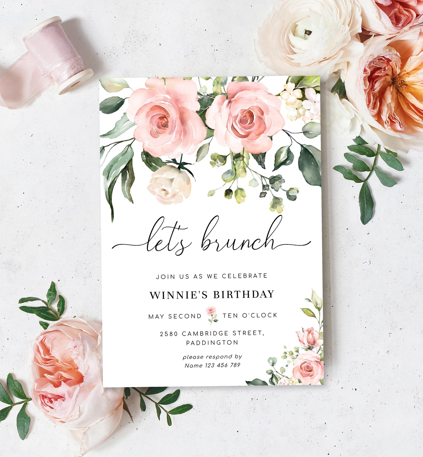 Darcy Floral Pink | Printable Let's Brunch Invitation Template