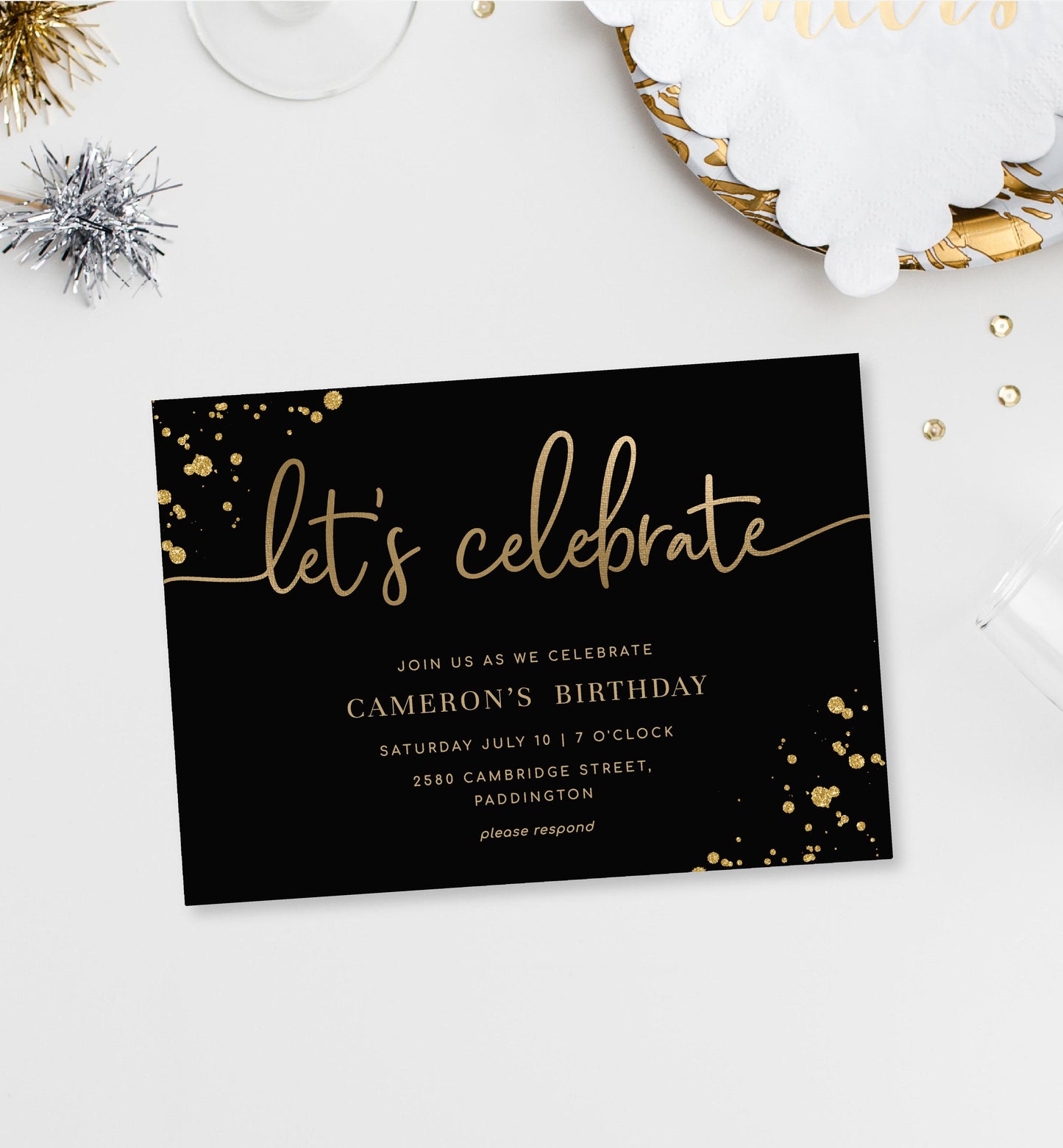 Paintly Black Gold | Printable Let's Celebrate Birthday Invitation