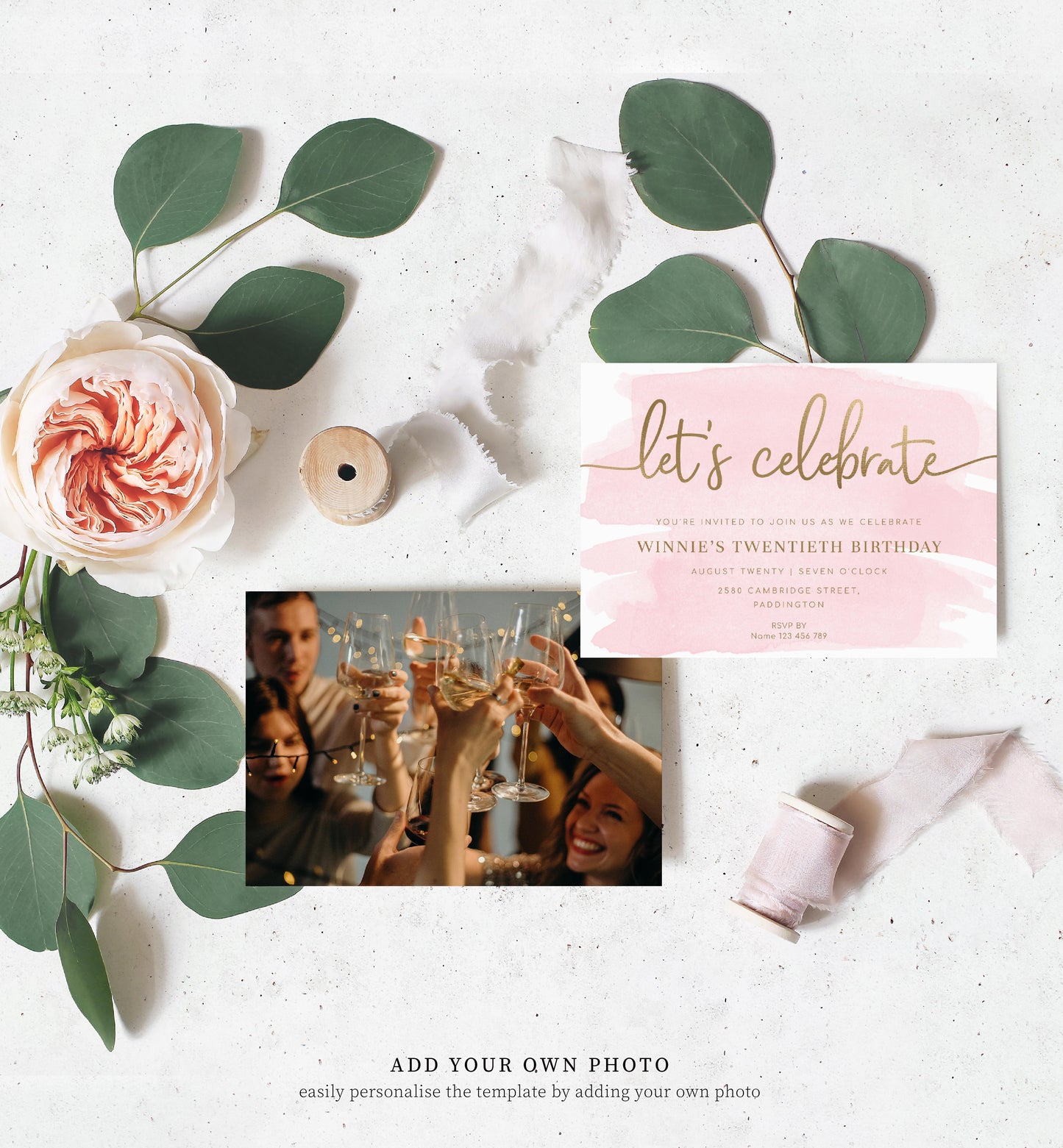 Watercolour Pink Gold | Printable Let's Celebrate Birthday Invitation