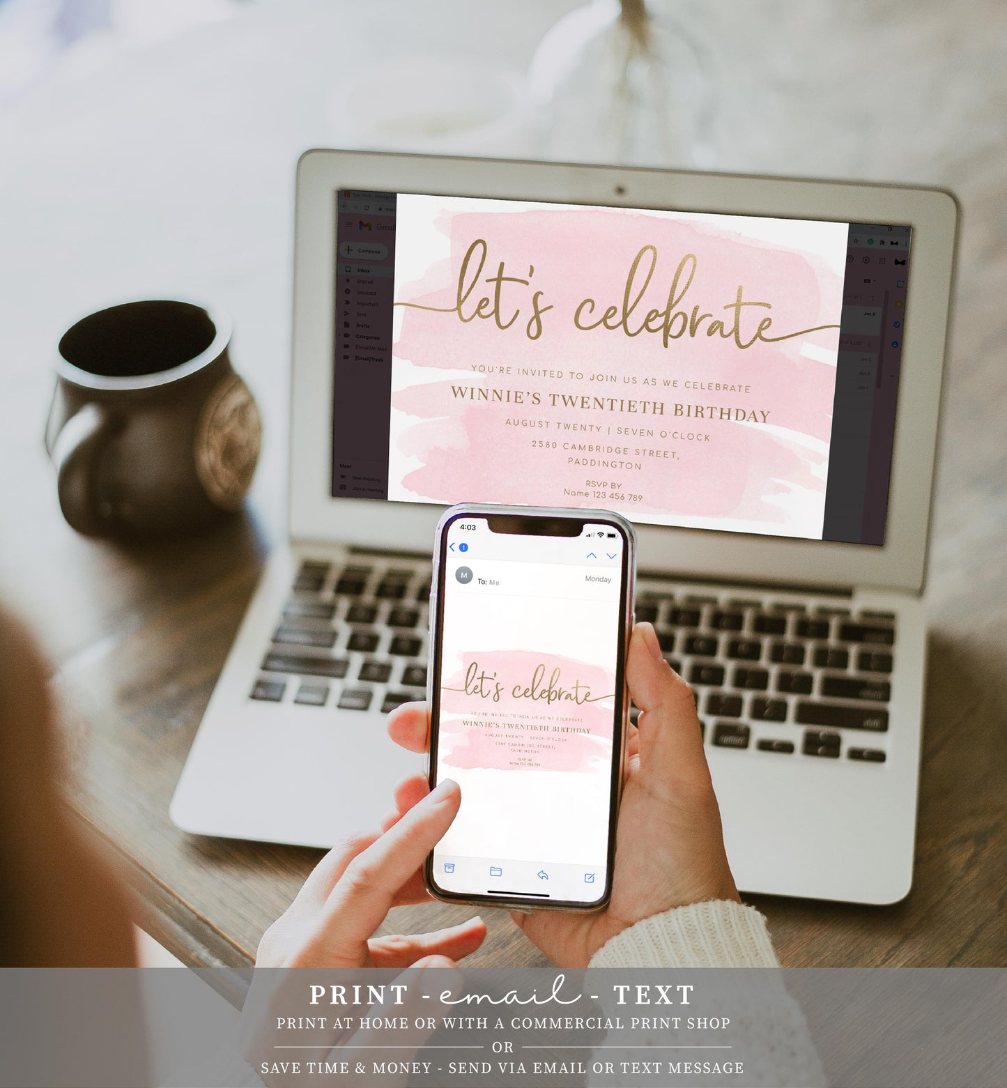 Watercolour Pink Gold | Printable Let's Celebrate Birthday Invitation