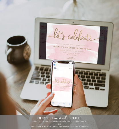Watercolour Pink Gold | Printable Let's Celebrate Birthday Invitation