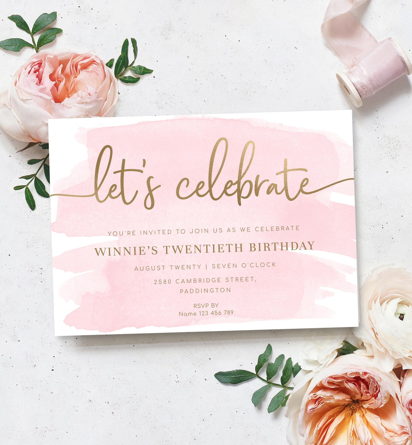 Watercolour Pink Gold | Printable Let's Celebrate Birthday Invitation