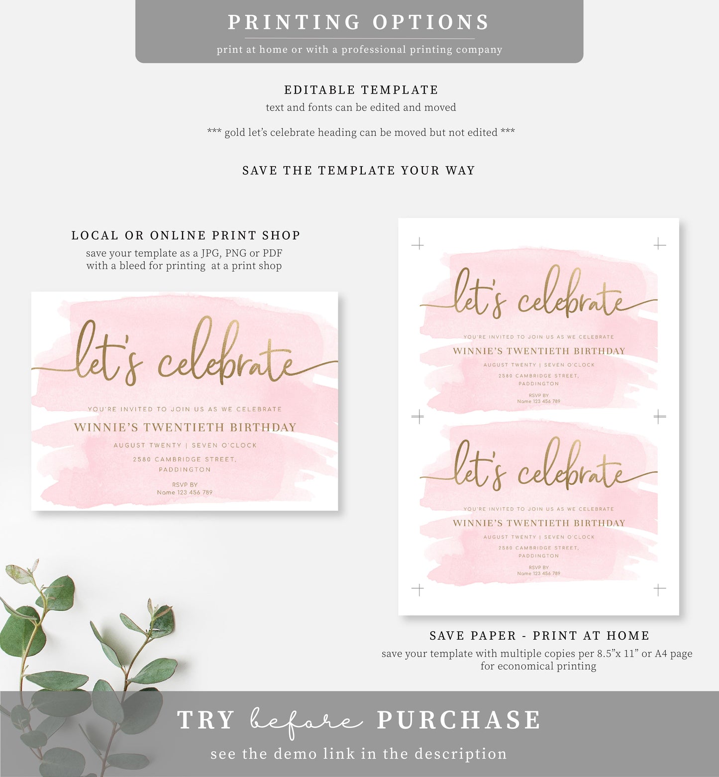 Watercolour Pink Gold | Printable Let's Celebrate Birthday Invitation
