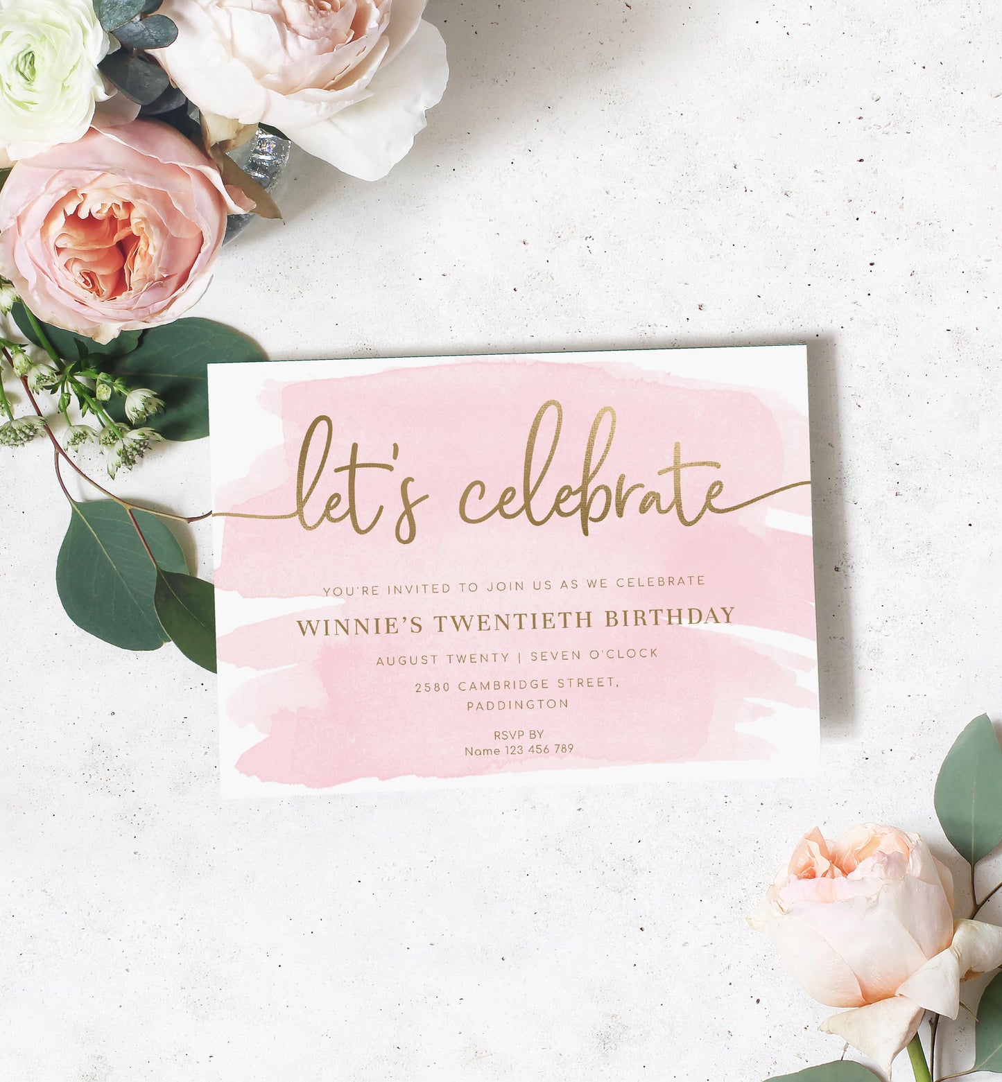 Watercolour Pink Gold | Printable Let's Celebrate Birthday Invitation