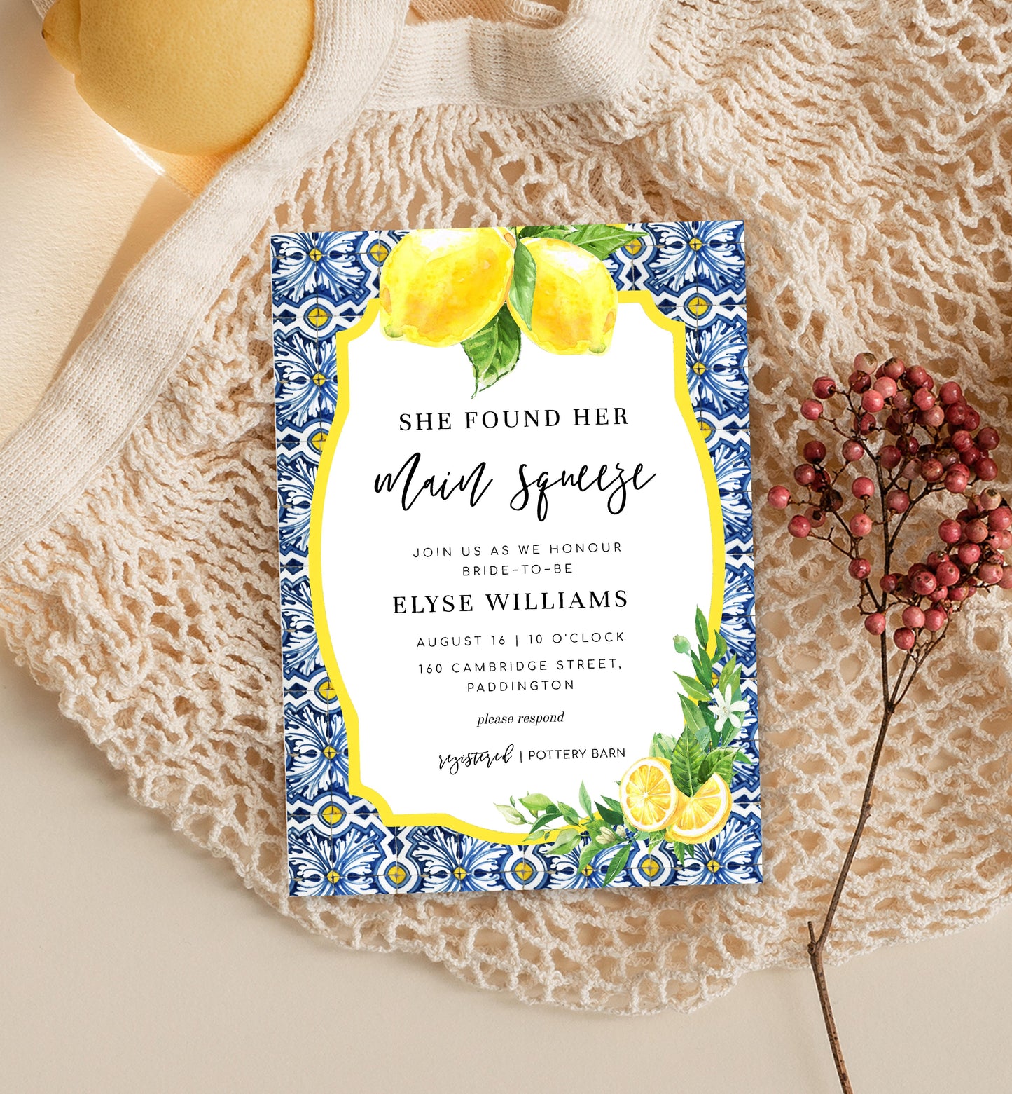 Positano Lemons | Printable Main Squeeze Bridal Shower Invitation Suite Template - Black Bow Studio