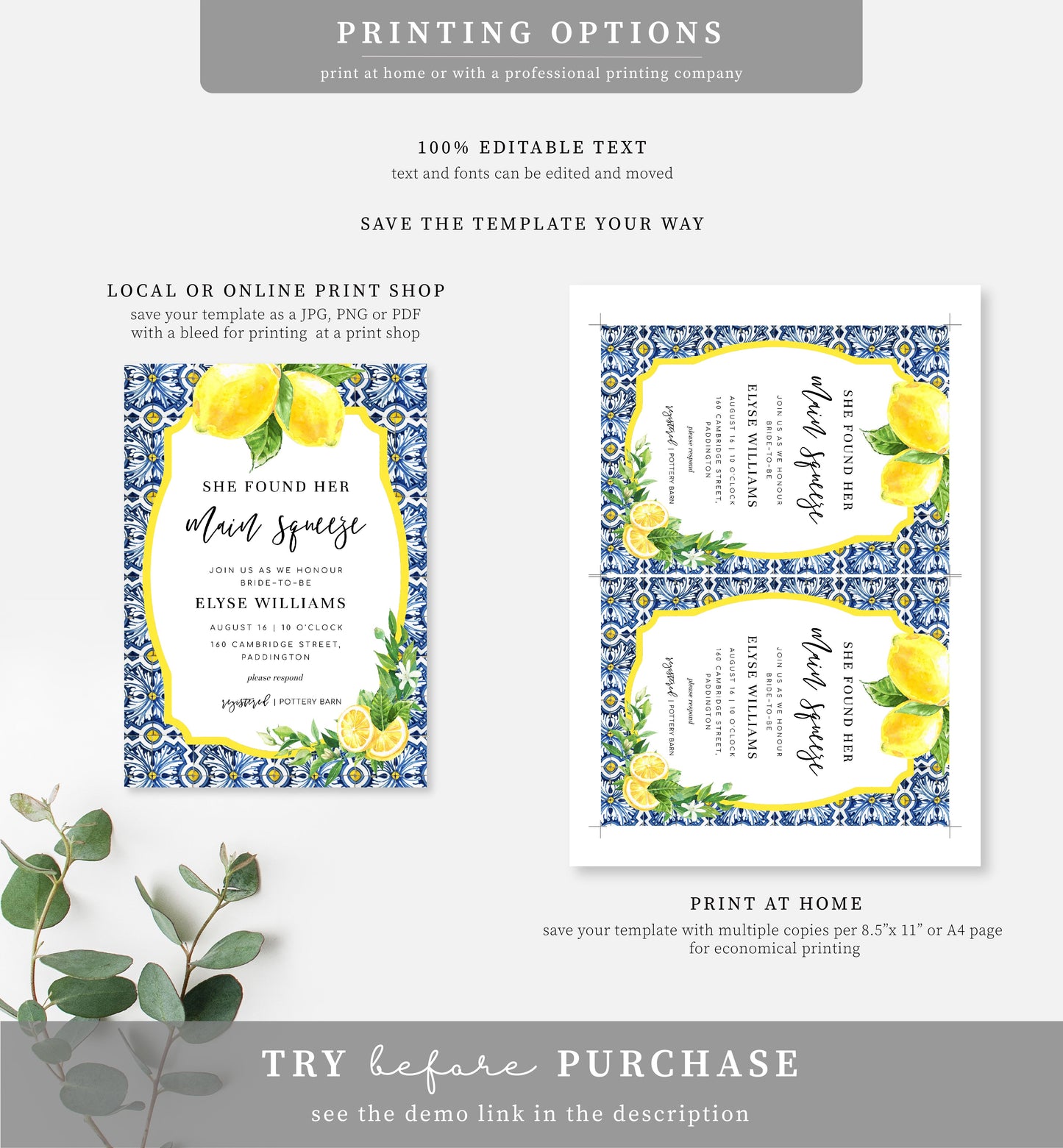 Positano Lemons | Printable Main Squeeze Bridal Shower Invitation Suite Template - Black Bow Studio
