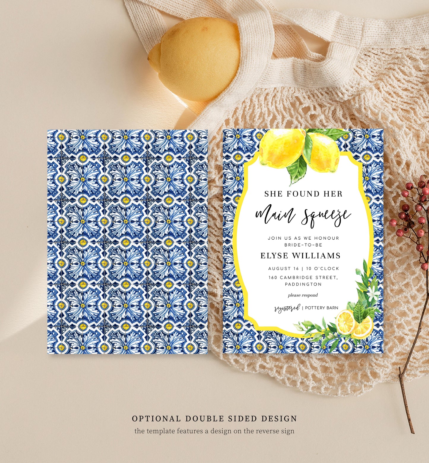 Positano Lemons | Printable Main Squeeze Bridal Shower Invitation Suite Template - Black Bow Studio