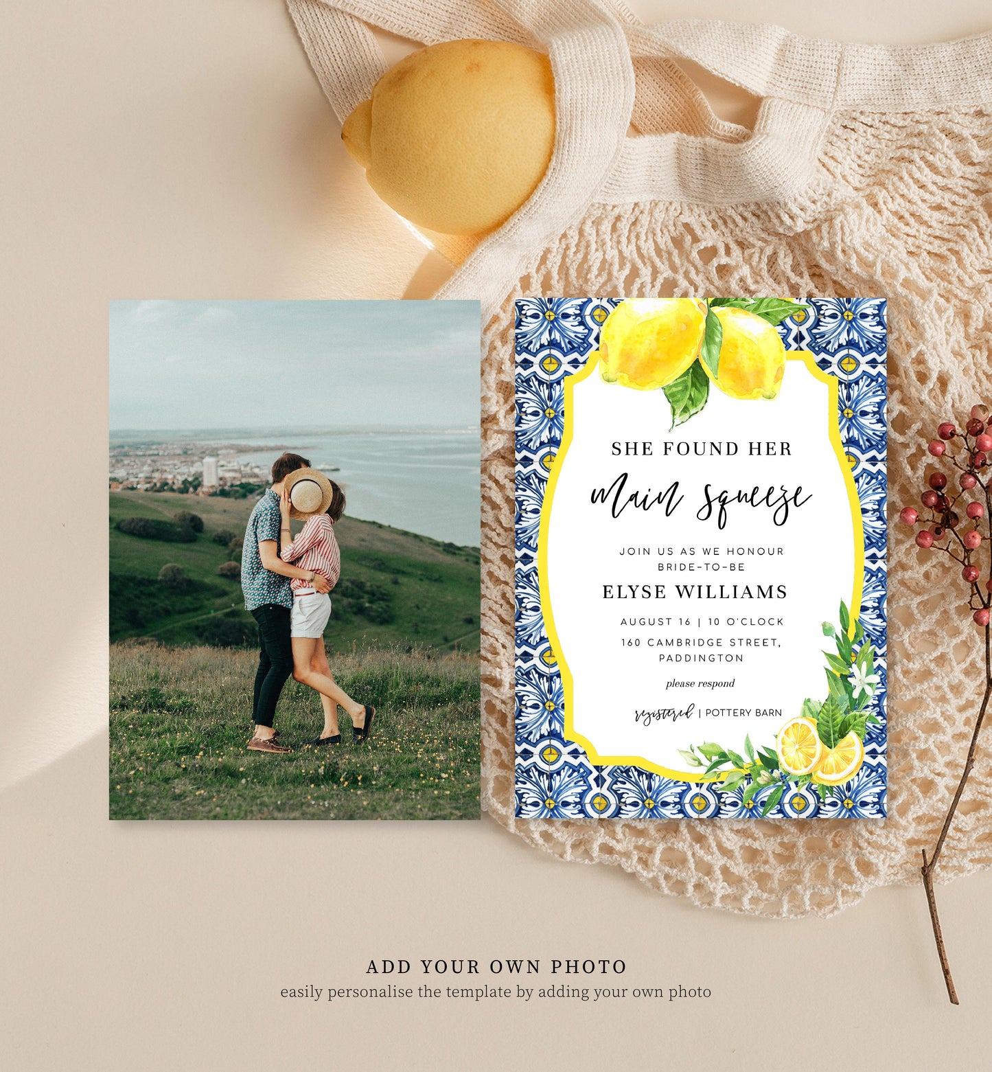 Positano Lemons | Printable Main Squeeze Bridal Shower Invitation Suite Template - Black Bow Studio