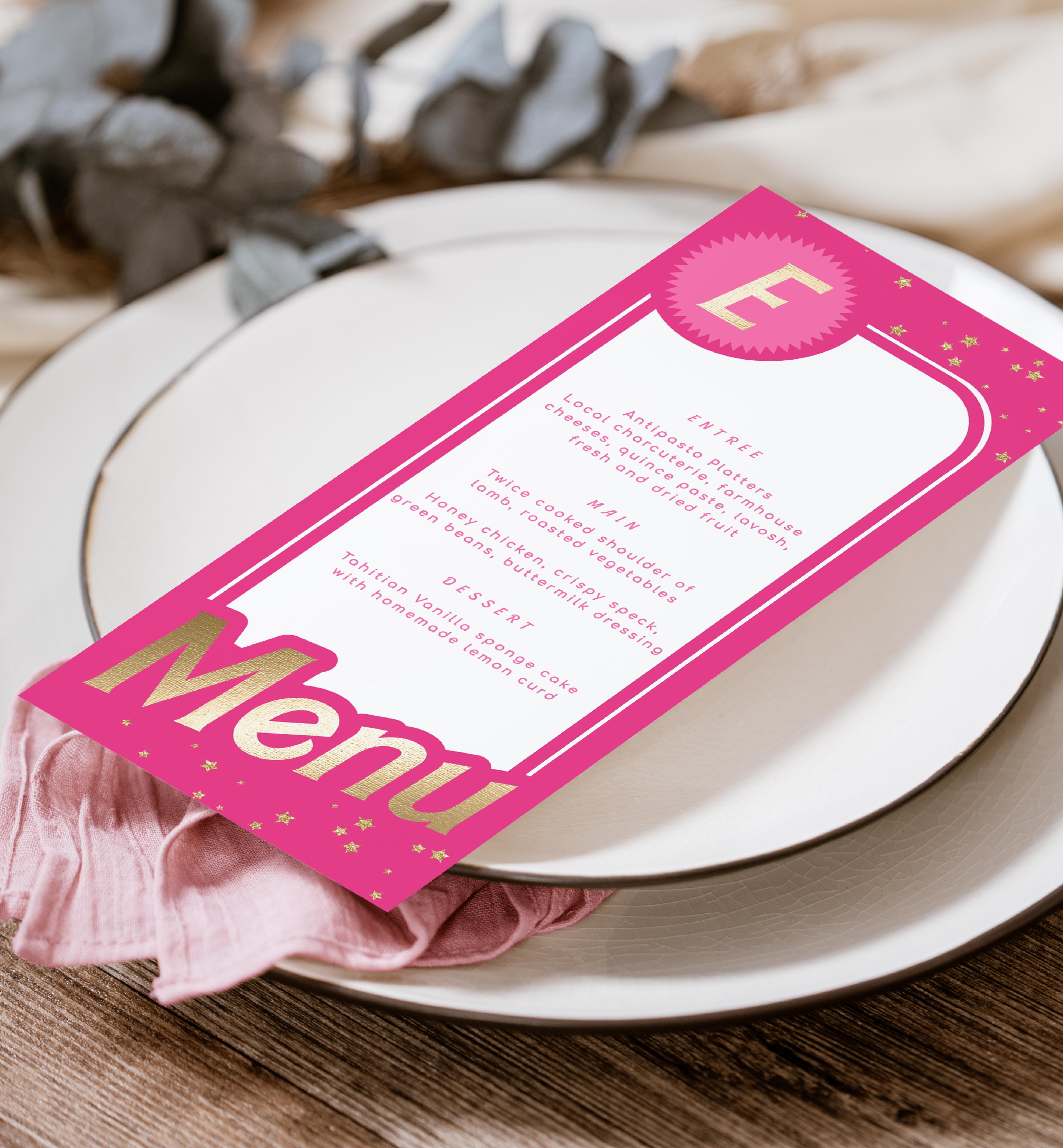 pink & beige catering logo | light pink barbie logo,... Barbie Party Hot Pink Gold | Printable Menu Template – Black Bow Studio