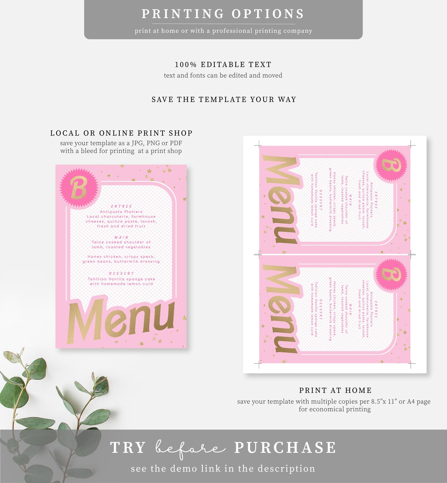 Barbie Party Pink Gold | Printable Menu Template