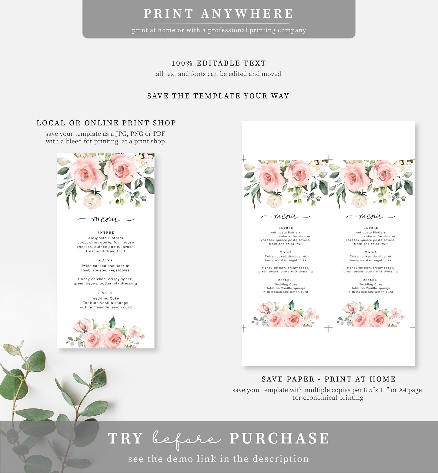 Darcy Floral Pink | Printable Menu Template - Black Bow Studio
