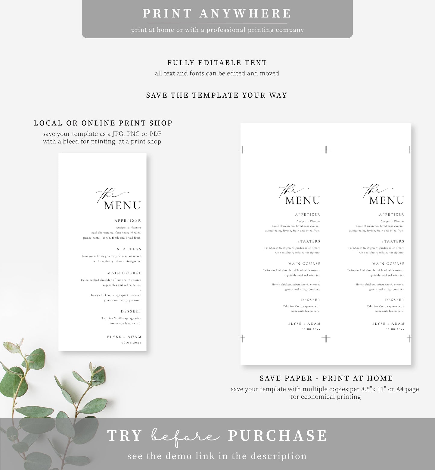 Ellesmere White | Printable Menu Template