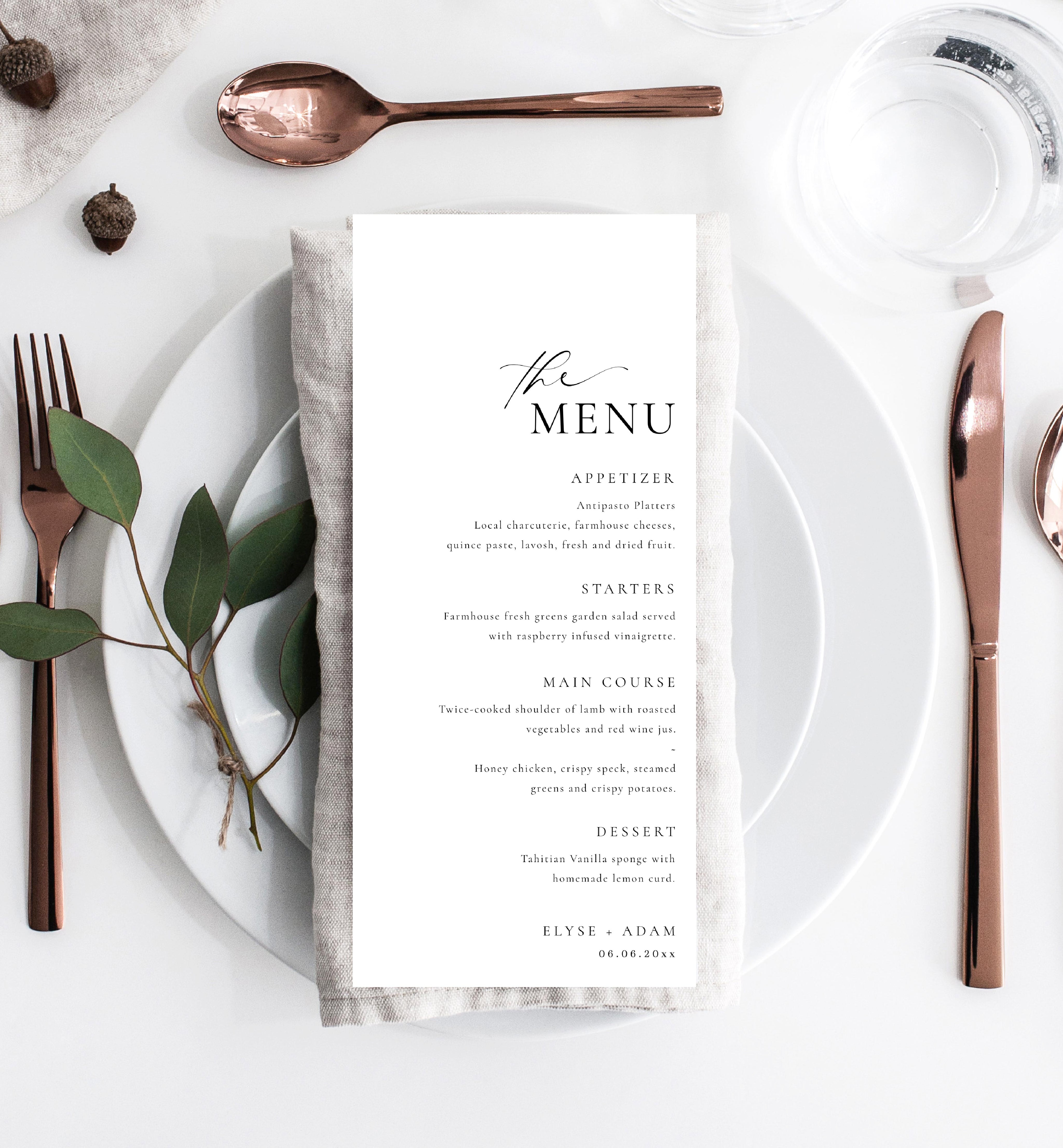 Ellesmere White Printable Menu Template Black Bow Studio
