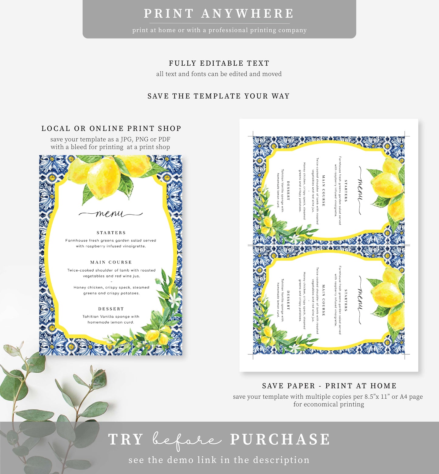 Positano Lemons | Printable Menu Template