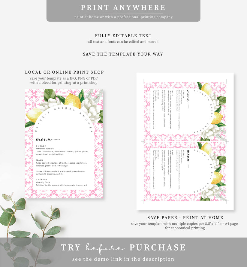 The Med Arch Pink Lemons | Printable Menu Template – Black Bow Studio