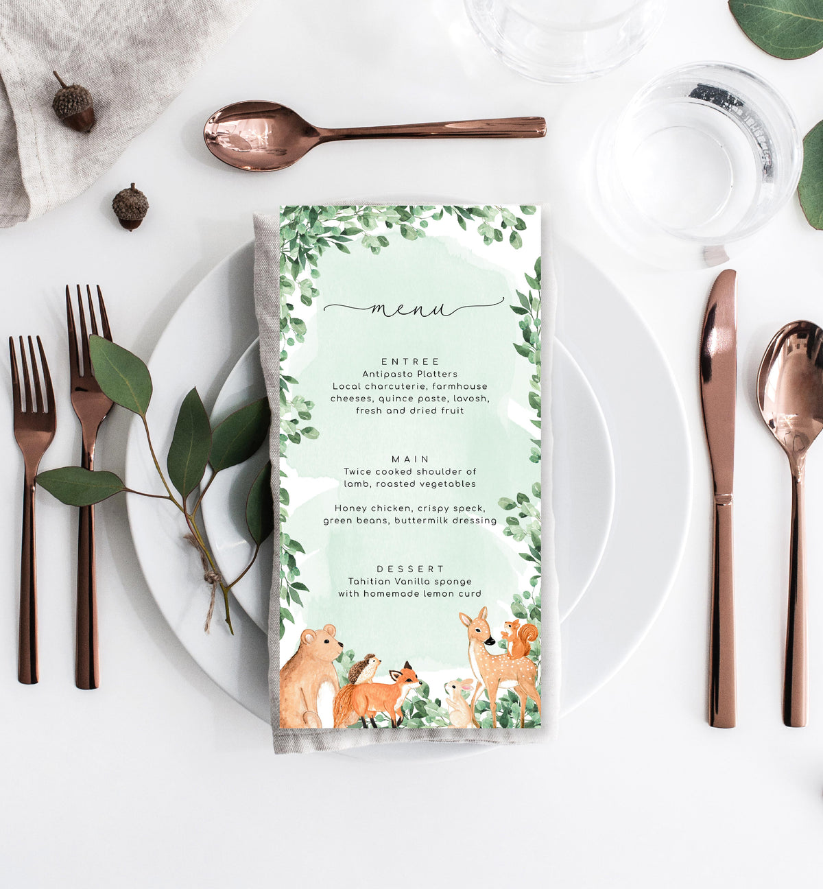 Woodland Animals Green | Printable Menu – Black Bow Studio