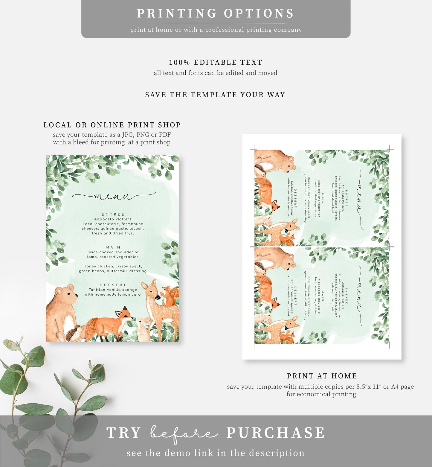 Woodland Animals Green | Printable Menu
